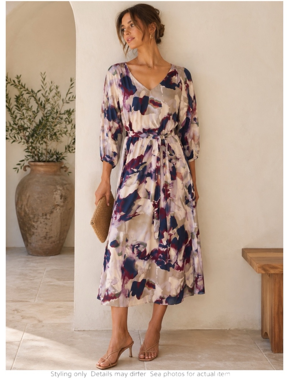 Watercolor Midi Dress Belted Soft Romantic Boho European Chic XS